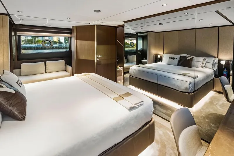  Yacht Photos Pics Luxurious bedroom interior of 2023 Ferretti Yachts 860 with elegant furnishings and modern design.