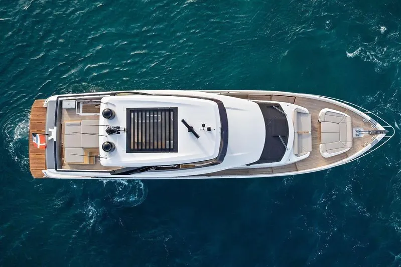  Yacht Photos Pics Aerial view of 2023 Ferretti Yachts 860 cruising on blue ocean waters.
