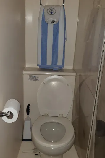  Yacht Photos Pics 2010 Meridian 441 Sedan bathroom with nautical-themed towel and toilet.