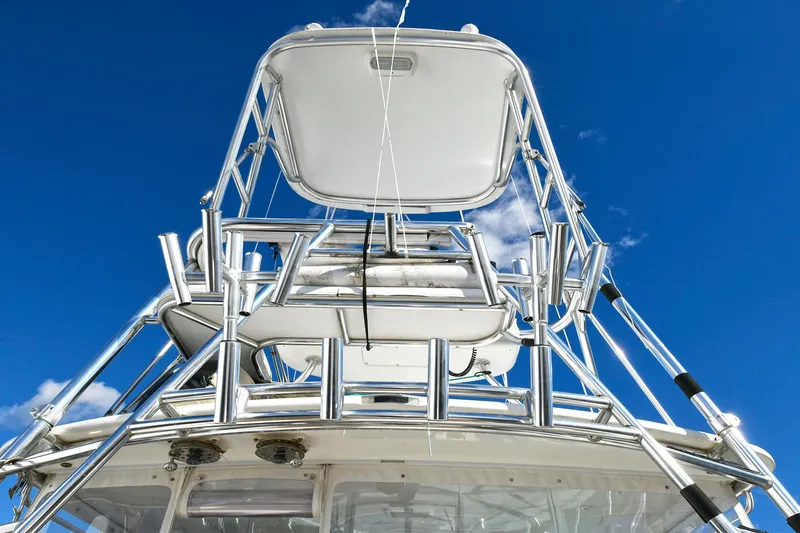 Two & Five Yacht Photos Pics 2013 Albemarle 360 Express Fisherman boat tower against blue sky.