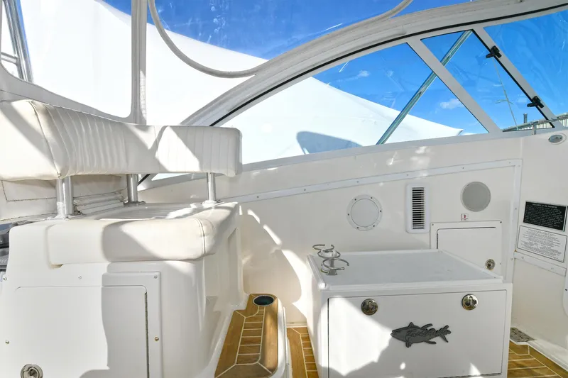 Two & Five Yacht Photos Pics 2013 Albemarle 360 Express Fisherman interior with seating and storage, featuring sleek design elements.