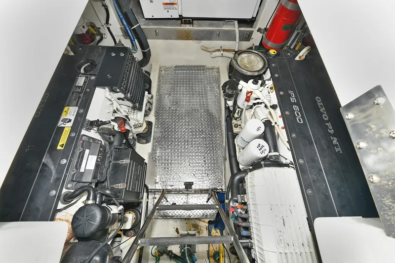 Two & Five Yacht Photos Pics Engine room of 2013 Albemarle 360 Express Fisherman with twin engines and equipment.