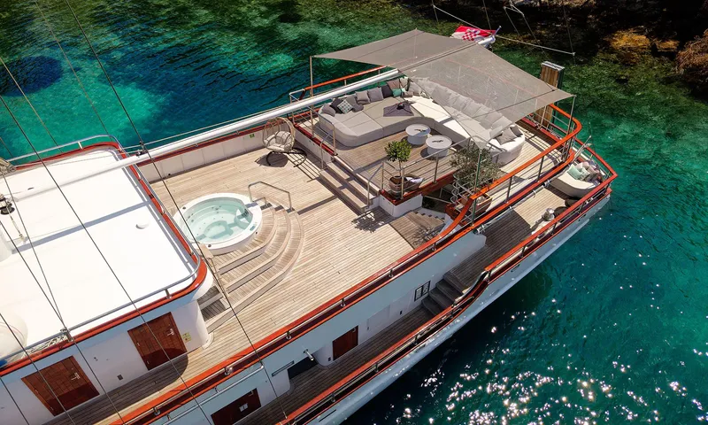 Corsario Yacht Photos Pics Aerial view of 2019 Custom RADEŽ d.d. Schooner with jacuzzi and lounge area.