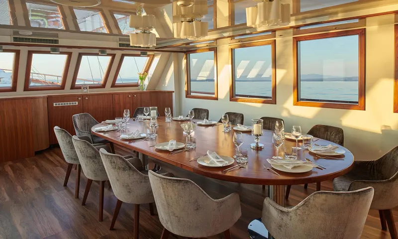 Corsario Yacht Photos Pics Luxurious dining area on the 2019 Custom RADEŽ d.d. Schooner with ocean views.