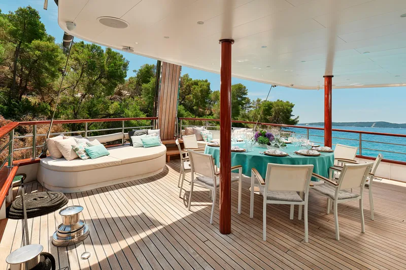 Corsario Yacht Photos Pics Luxury deck of 2019 Custom RADEŽ d.d. Schooner with dining area and lounge.