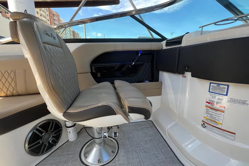 Helena Yacht Photos Pics Interior of 2020 Sea Ray 280 SLX boat with beige seating and modern design.