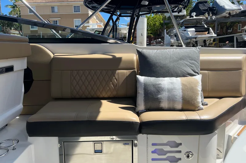 Helena Yacht Photos Pics Luxurious seating on 2020 Sea Ray 280 SLX boat with plush cushions and elegant design.