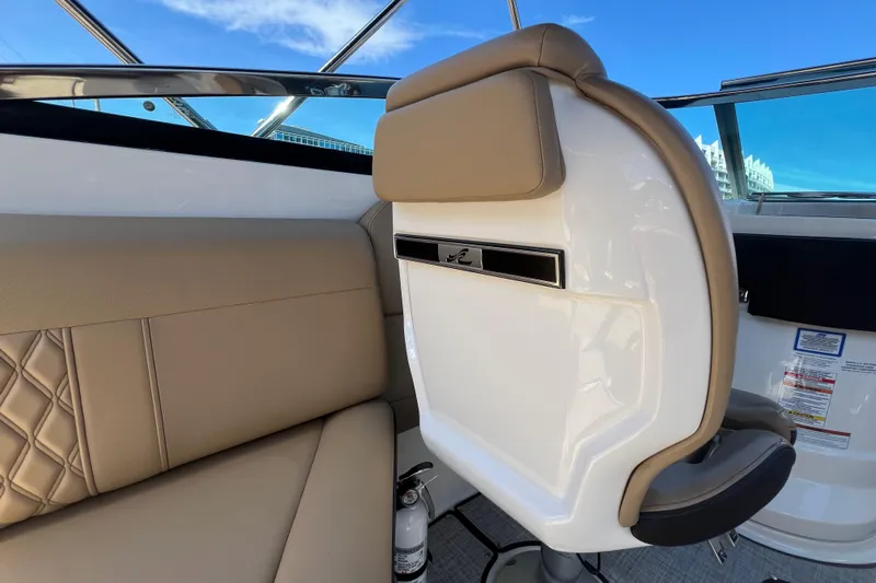 Helena Yacht Photos Pics Interior of 2020 Sea Ray 280 SLX boat with beige seating and modern design.