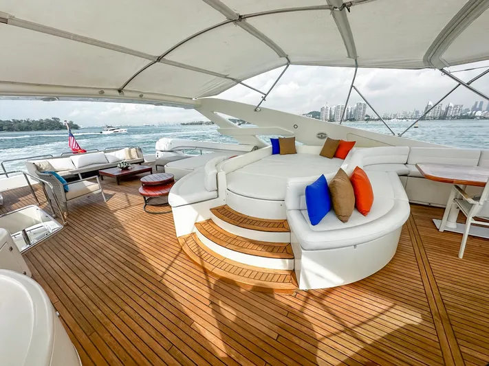 Eaglewings 3 Yacht Photos Pics Luxurious 2005 Custom Line 112 yacht deck with elegant seating and vibrant cushions.