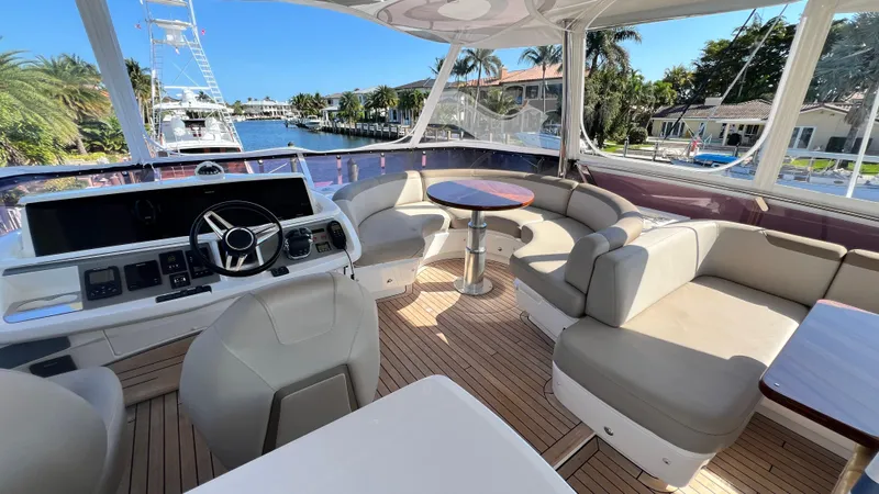  Yacht Photos Pics Luxurious 2019 Princess F62 yacht interior with helm, seating, and scenic waterfront view.