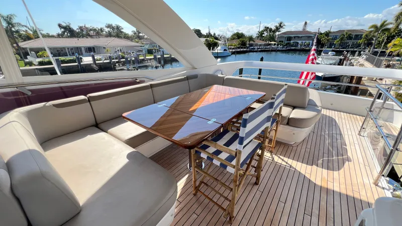  Yacht Photos Pics Luxurious 2019 Princess F62 yacht deck with seating, table, and waterfront view.