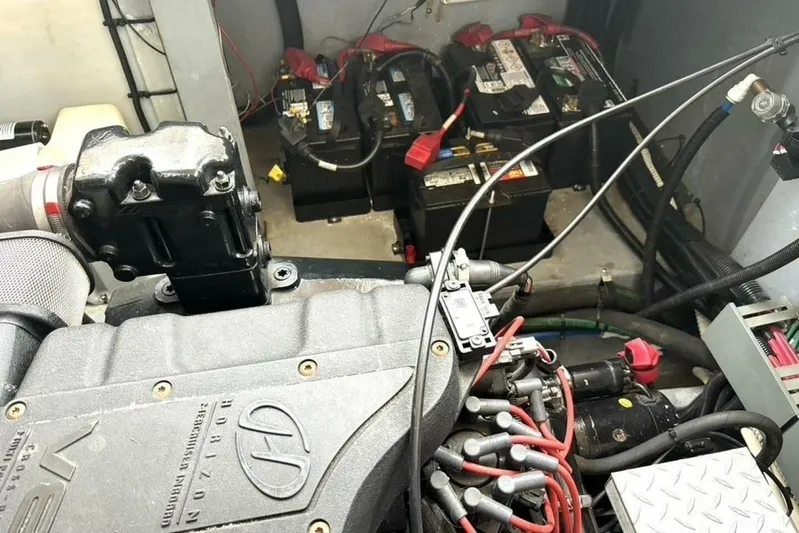  Yacht Photos Pics Engine compartment of 1998 Sea Ray 400 Sundancer with visible batteries and wiring.