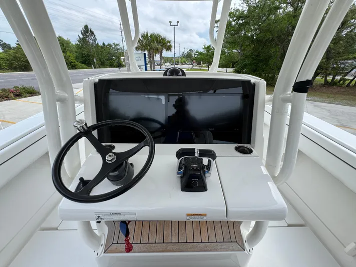  Yacht Photos Pics 2018 Jupiter 34 HFS boat helm with steering wheel and controls.
