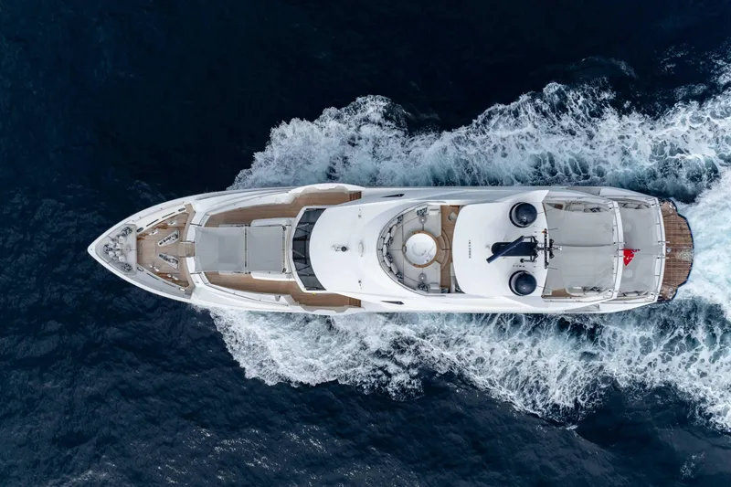  Yacht Photos Pics Aerial view of 2016 Sunseeker 131 Yacht cruising on the ocean.