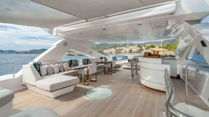  Yacht Photos Pics Luxurious 2016 Sunseeker 131 Yacht deck with elegant seating and ocean view.