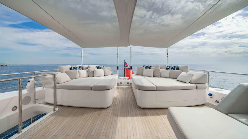  Yacht Photos Pics Luxurious Sunseeker 131 Yacht 2016 deck with plush seating and ocean view.