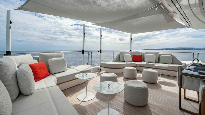  Yacht Photos Pics Luxurious Sunseeker 131 Yacht 2016 deck with elegant seating and ocean view.
