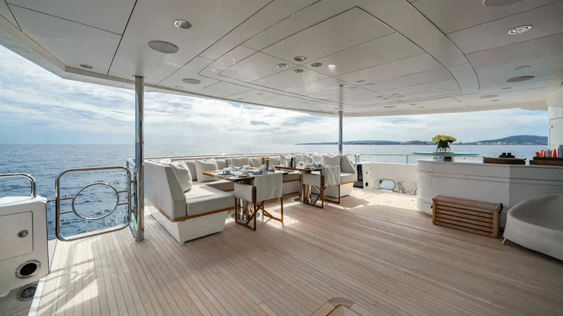  Yacht Photos Pics Luxurious Sunseeker 131 Yacht 2016 with elegant outdoor dining area and ocean view.