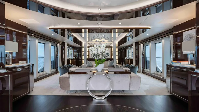  Yacht Photos Pics Luxurious interior of 2016 Sunseeker 131 Yacht with elegant furnishings and panoramic windows.