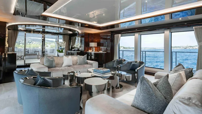  Yacht Photos Pics Luxurious interior of 2016 Sunseeker 131 Yacht with ocean view and elegant seating.