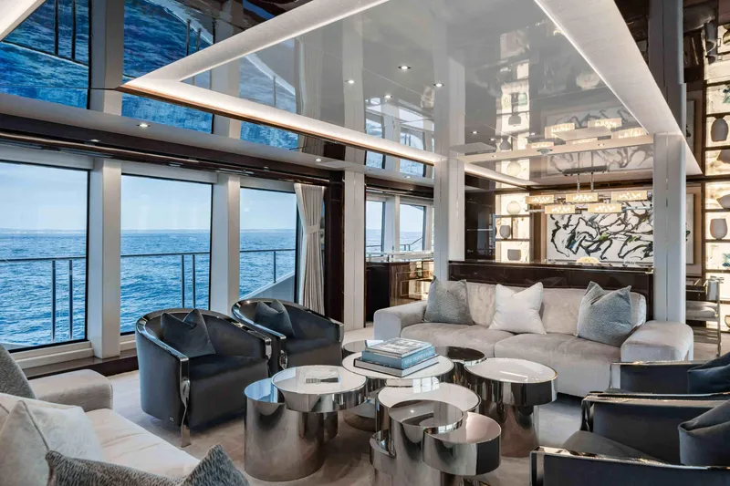  Yacht Photos Pics Luxurious interior of 2016 Sunseeker 131 Yacht with ocean view and modern furnishings.