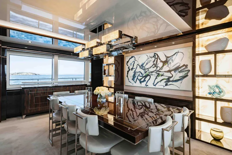  Yacht Photos Pics Luxurious dining area on 2016 Sunseeker 131 Yacht with elegant decor and ocean views.