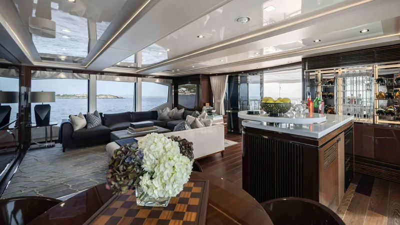  Yacht Photos Pics Luxurious interior of 2016 Sunseeker 131 Yacht with elegant furnishings and ocean view.