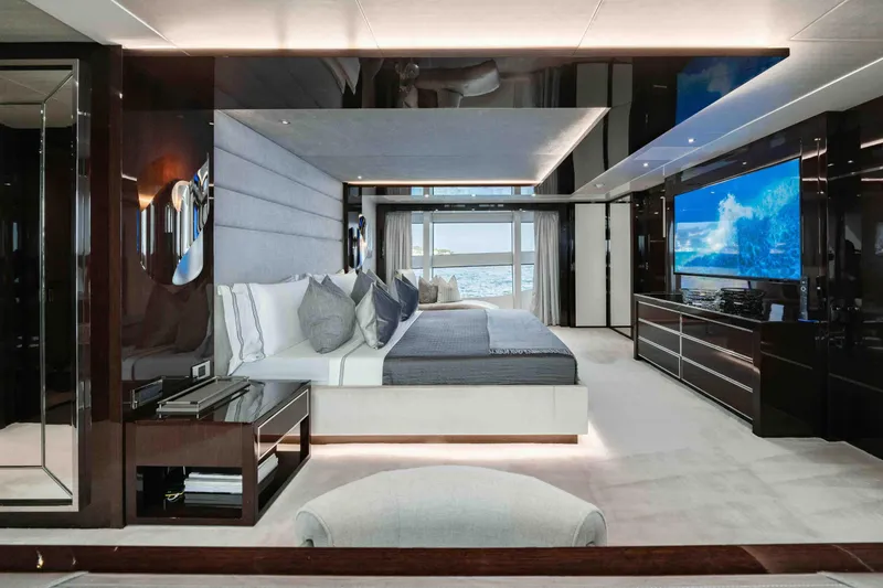  Yacht Photos Pics Luxurious Sunseeker 131 Yacht 2016 bedroom with ocean view and modern decor.