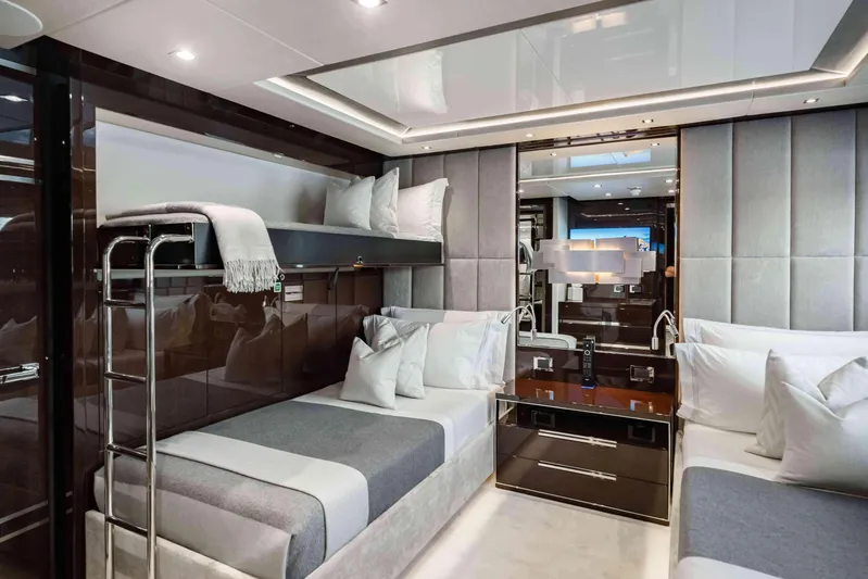  Yacht Photos Pics Luxurious interior of 2016 Sunseeker 131 Yacht with modern design and plush bedding.