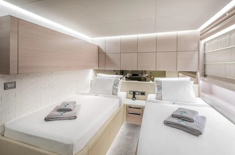Numarine 32xp Yacht Photos Pics Luxurious twin cabin interior of 2026 Numarine 32XP yacht, featuring modern design and elegant finishes.