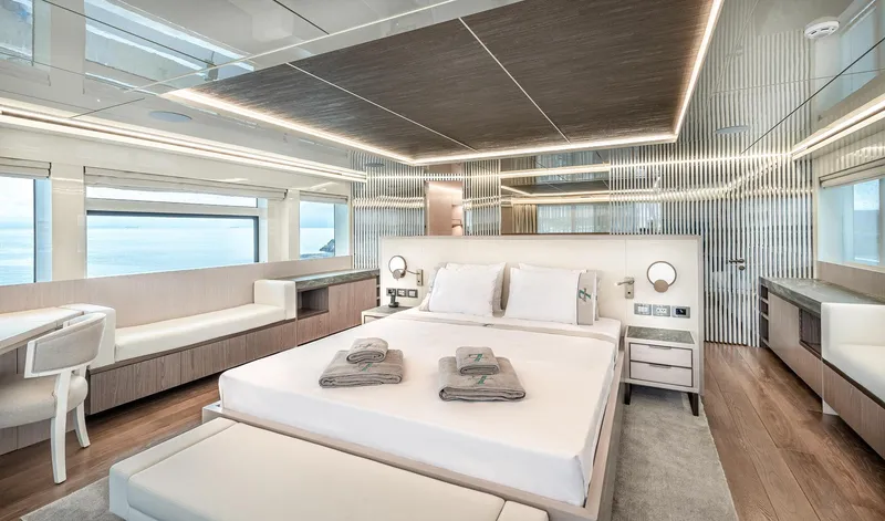 Numarine 32xp Yacht Photos Pics Luxurious bedroom interior of 2026 Numarine 32XP yacht, featuring modern design and elegant furnishings.