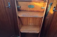 Wooden boat stairs with engraved plaque, Custom Enter Explicite 360, 1999 model.