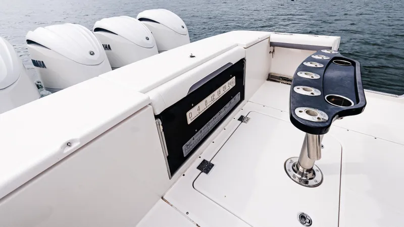  Yacht Photos Pics 2017 Everglades 435 CC boat deck with rod holders and multiple outboard engines.