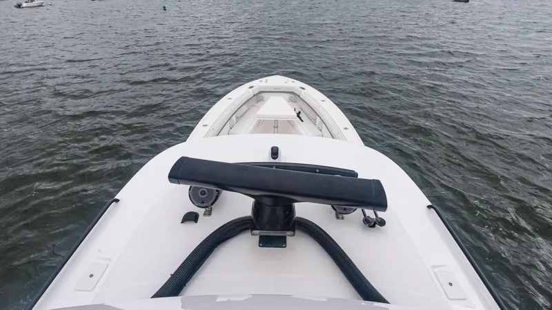  Yacht Photos Pics Bow view of 2017 Everglades 435 CC boat on water.