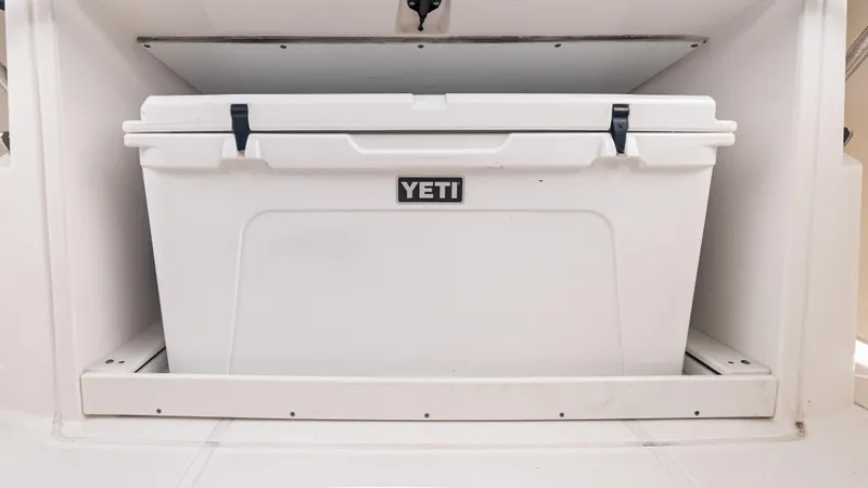  Yacht Photos Pics YETI cooler stored in 2017 Everglades 435 CC boat compartment.