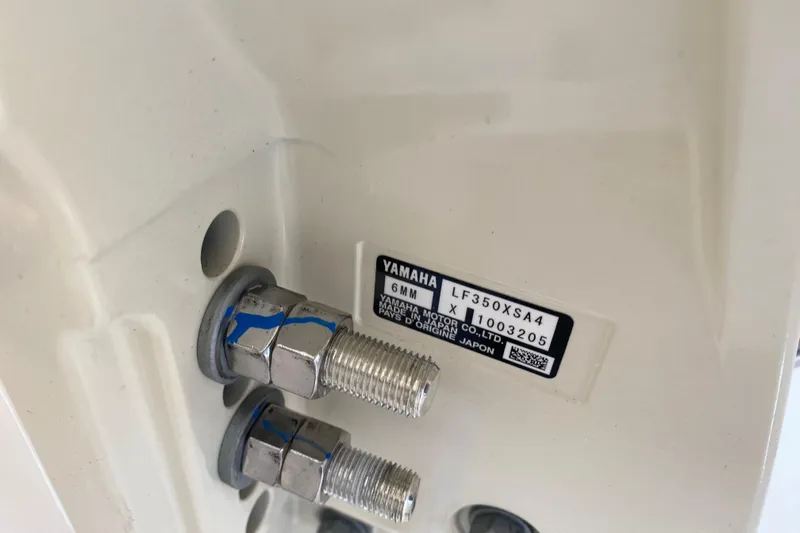  Yacht Photos Pics Close-up of Yamaha motor bolts on 2026 Grady-White Freedom 325 boat.