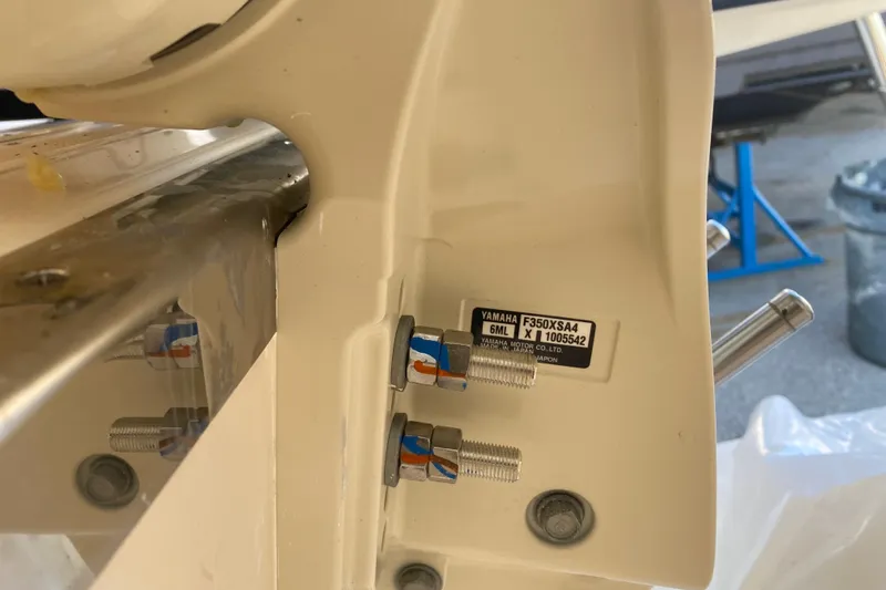  Yacht Photos Pics Close-up of Yamaha motor mount on 2026 Grady-White Freedom 325 boat.