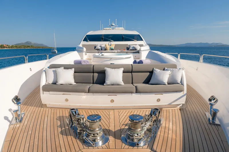  Yacht Photos Pics Luxurious 2008 Sunseeker Predator 108 yacht deck with plush seating and ocean view.