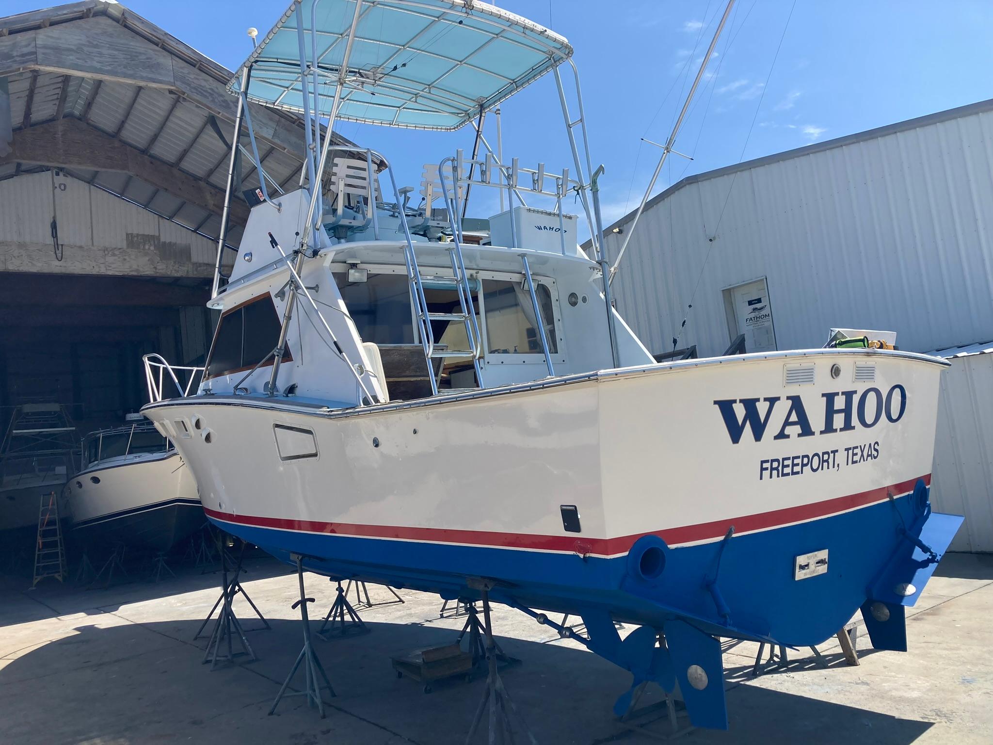1975 Custom 36 Matlack Tournament SF boat in dry dock, Freeport, Texas.