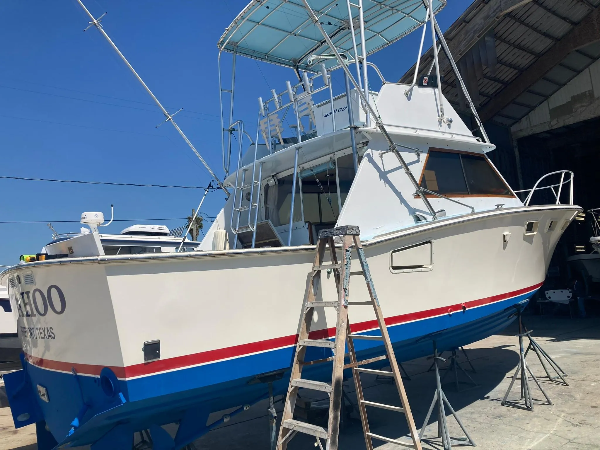 1975 Custom 36 Matlack Tournament SF boat in dry dock.