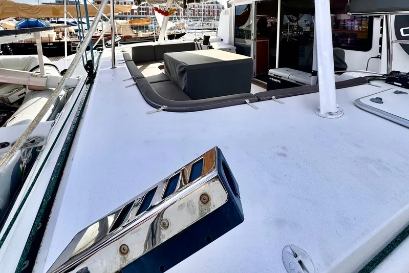 Alegria Yacht Photos Pics 2017 Outremer 51 catamaran deck with seating and open cabin view.