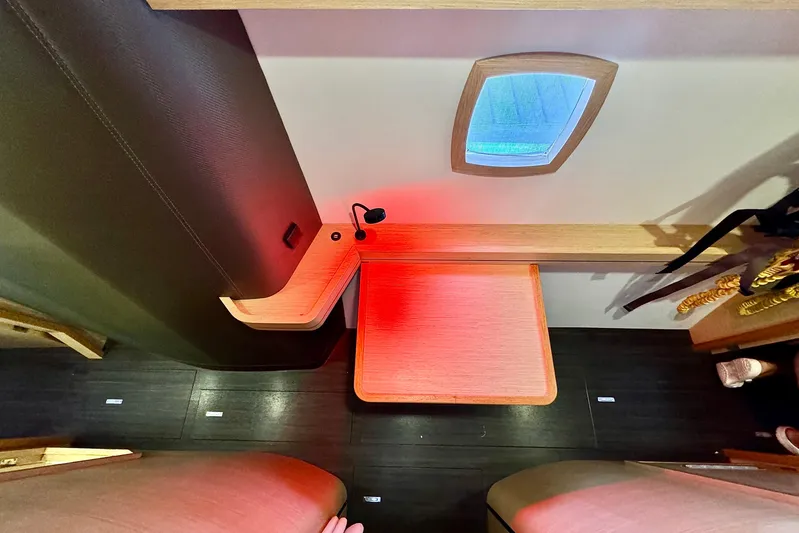 Alegria Yacht Photos Pics Interior of 2017 Outremer 51 yacht with modern wood accents and ambient lighting.