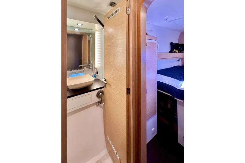 Alegria Yacht Photos Pics Interior of 2017 Outremer 51 yacht showing bathroom and cabin area.