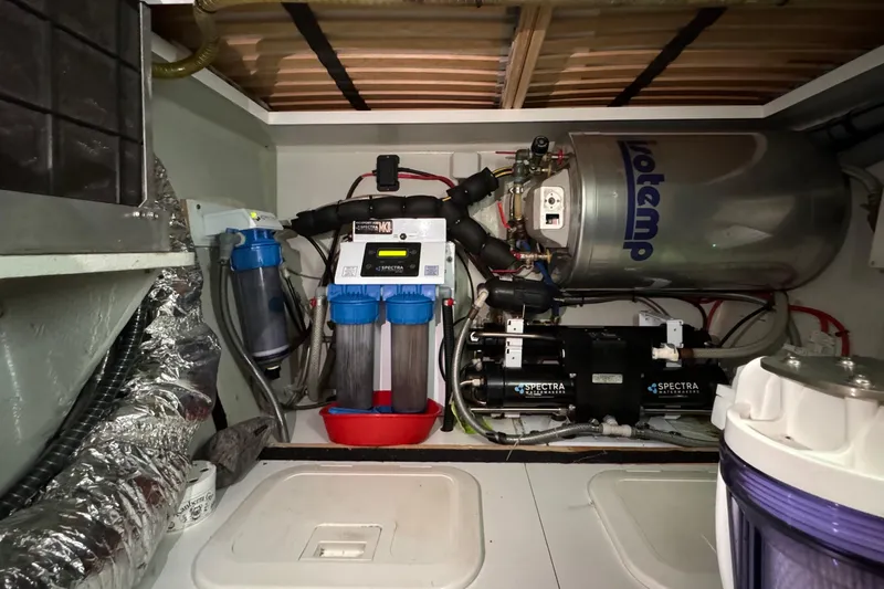 Alegria Yacht Photos Pics Engine room of a 2017 Outremer 51 yacht with water filtration system.