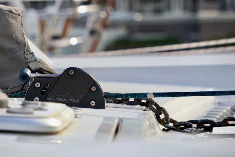 Alegria Yacht Photos Pics Close-up of 2017 Outremer 51 yacht deck with chain and grip mechanism.