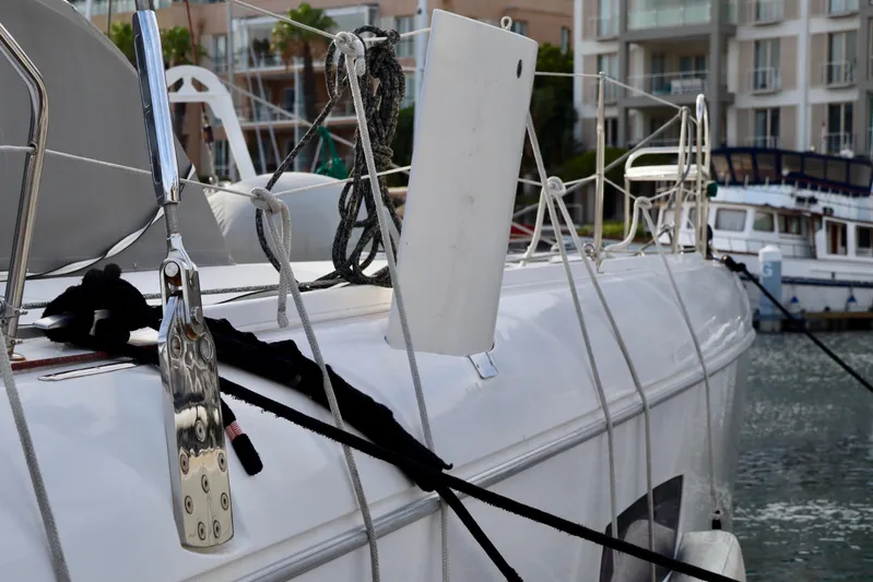 Alegria Yacht Photos Pics 2017 Outremer 51 yacht docked, showcasing deck details and rigging.