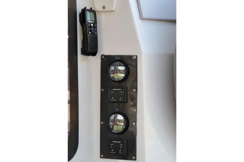 Alegria Yacht Photos Pics Control panel on 2017 Outremer 51 yacht with gauges and radio.