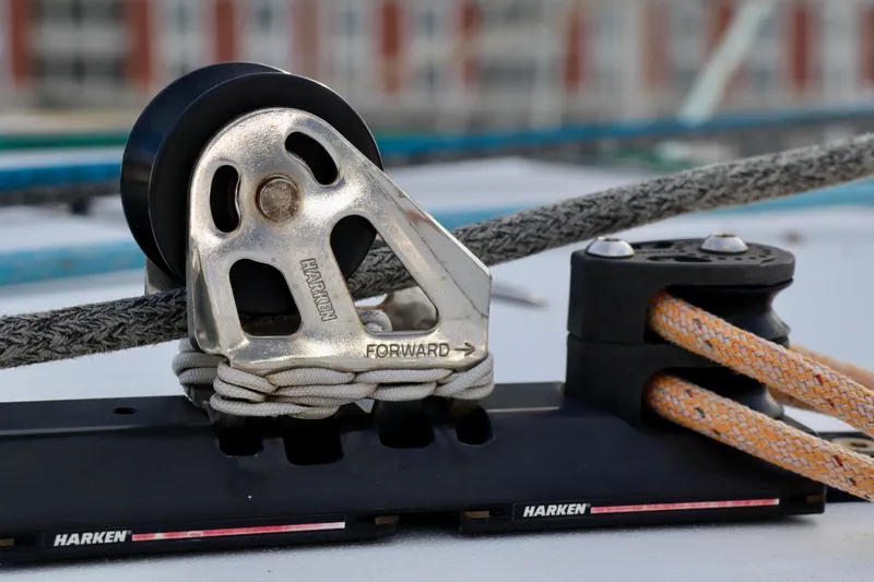 Alegria Yacht Photos Pics Close-up of Harken sailing hardware on a 2017 Outremer 51 catamaran.