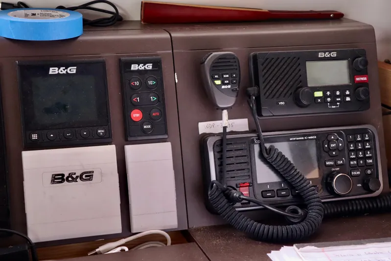 Alegria Yacht Photos Pics B&G marine electronics on 2017 Outremer 51 yacht dashboard, featuring communication and navigation devices.