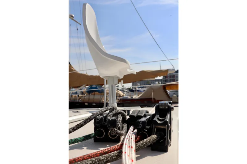 Alegria Yacht Photos Pics Deck view of 2017 Outremer 51 sailboat with ropes and winch.